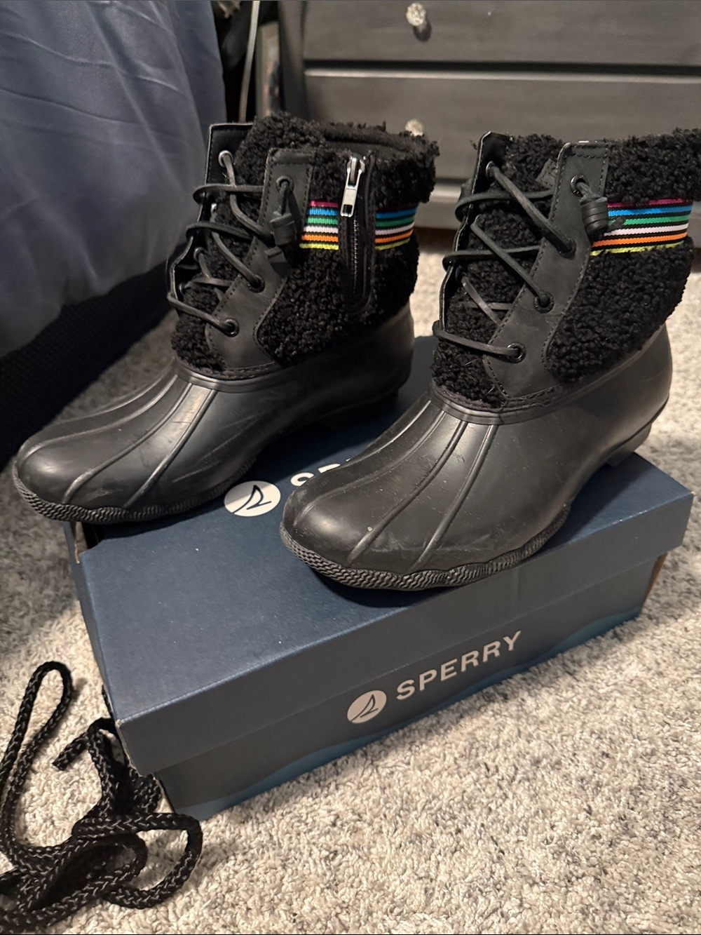 Sperry Black Sherpa Duck Boots with Rainbow Stripe Trim